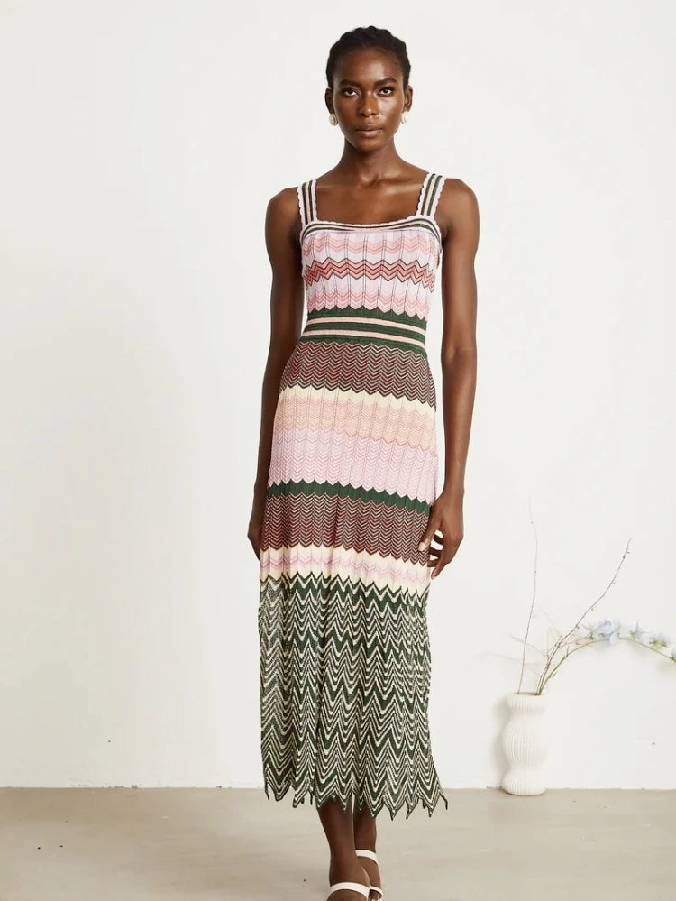 Boho Knitted Zigzag Maxi Dress For Women Sleeveless High Elasticity Long Festival Style