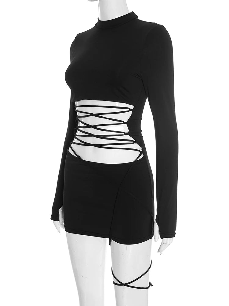 Hollow Out Bandage Mini Dress With High Collar And Long Sleeves