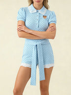 Dreamy Blue Polka Dot Puff Sleeve With Cutout Lace Trim