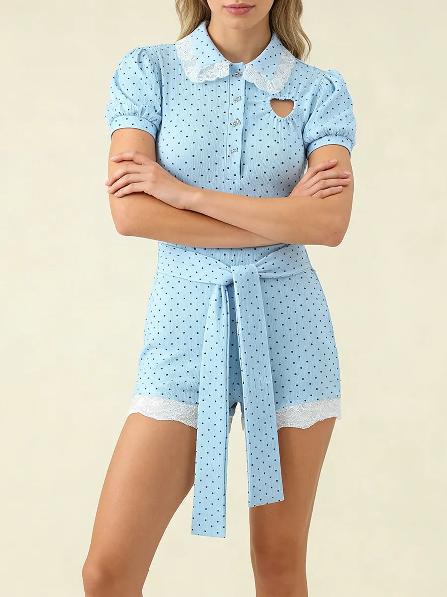 Dreamy Blue Polka Dot Puff Sleeve With Cutout Lace Trim