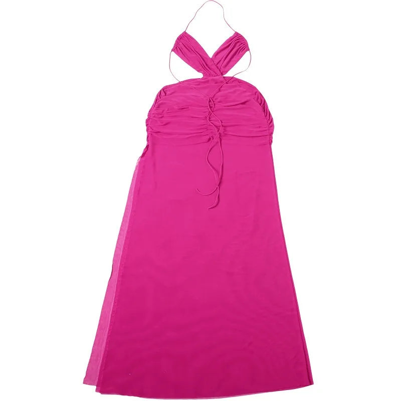 Coquette Sleeveless Ruched Cross Backless Bodycon Dress With V Neck And Ruffles