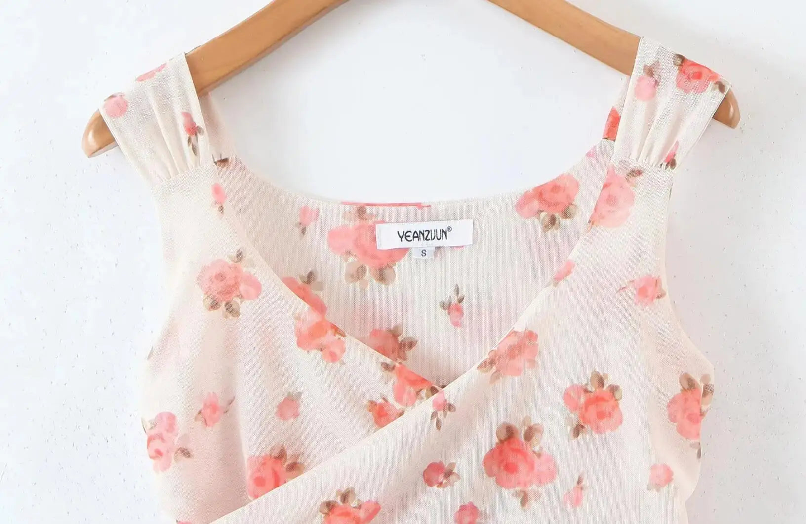 Apricot Floral Mesh Tank Top With V Neck And Ruched Corset Silhouette Sleeveless Crop Cami