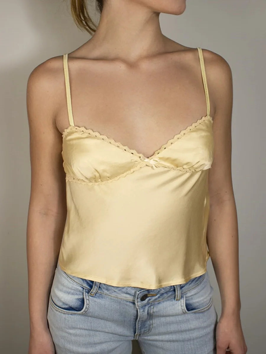 Satin Spaghetti Strap Camisole With Lace Trim V Neck Top