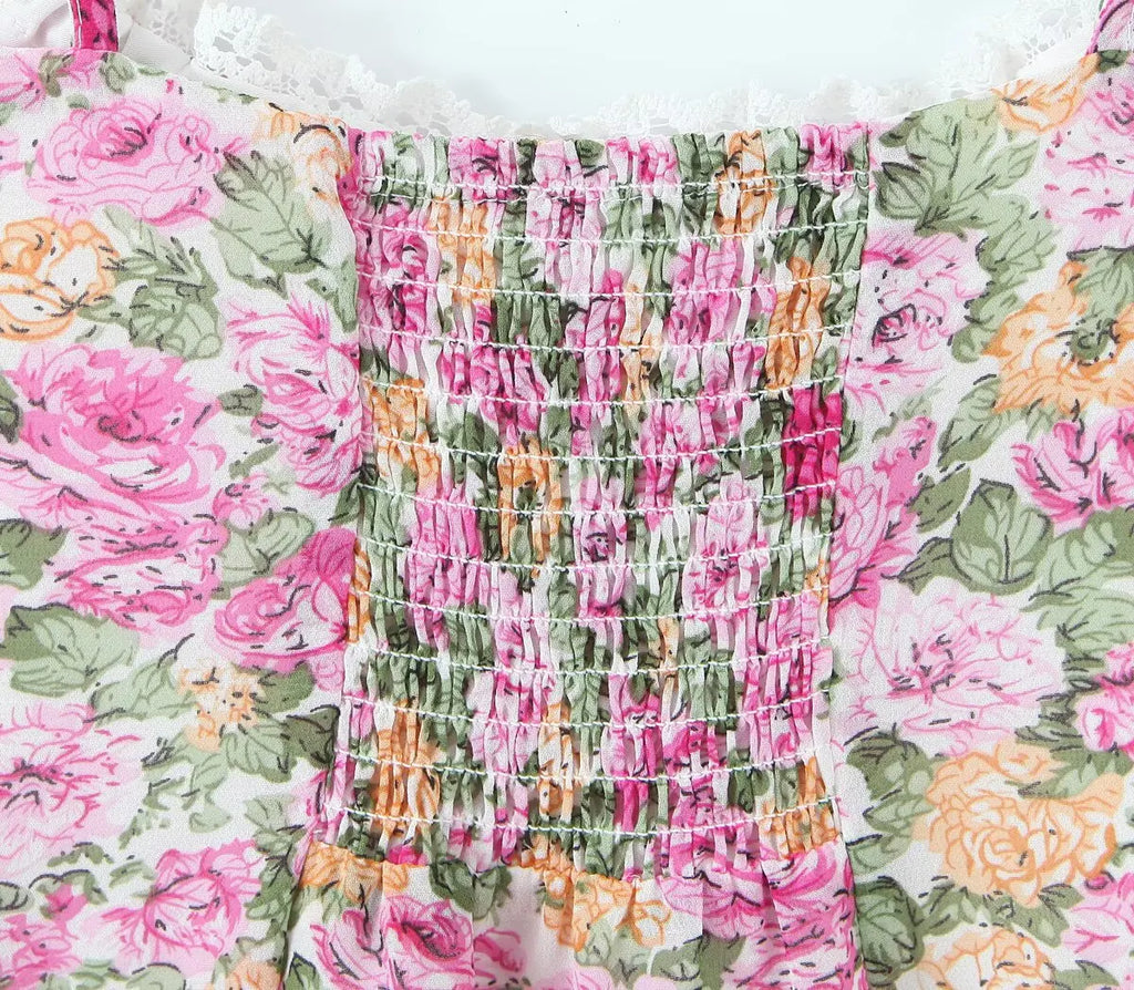 Floral Print Sexy Sling Mini Women Lace Spliced O Neck A-line Dress