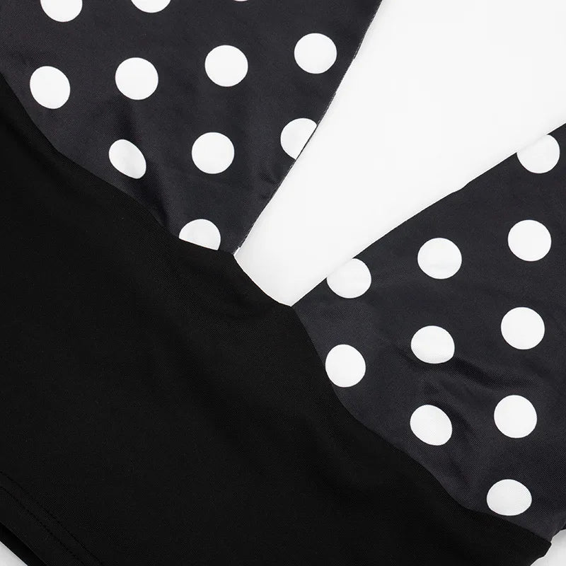 Patchwork Polka Dot Print Two Piece Set With Backless Halter Crop Top And Pleated Waist Capri Pants