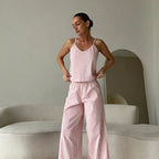 Pink Summer Set With Spaghetti Strap Cami Top And Ruffle Hem Wide Leg Pants