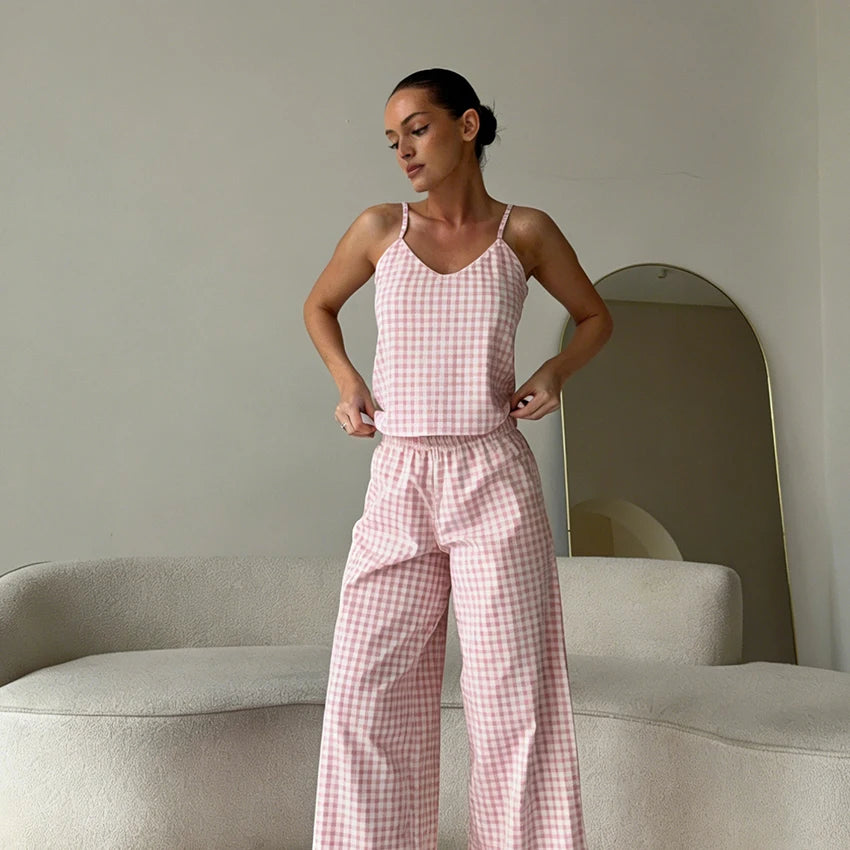 Pink Summer Set With Spaghetti Strap Cami Top And Ruffle Hem Wide Leg Pants