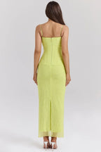 Elegant Mesh Patchwork Bodycon Dress With Spaghetti Straps And Double Layered Zipper Detail
