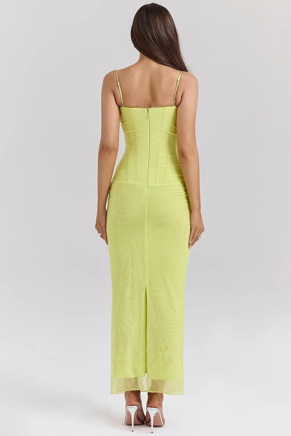 Elegant Mesh Patchwork Bodycon Dress With Spaghetti Straps And Double Layered Zipper Detail