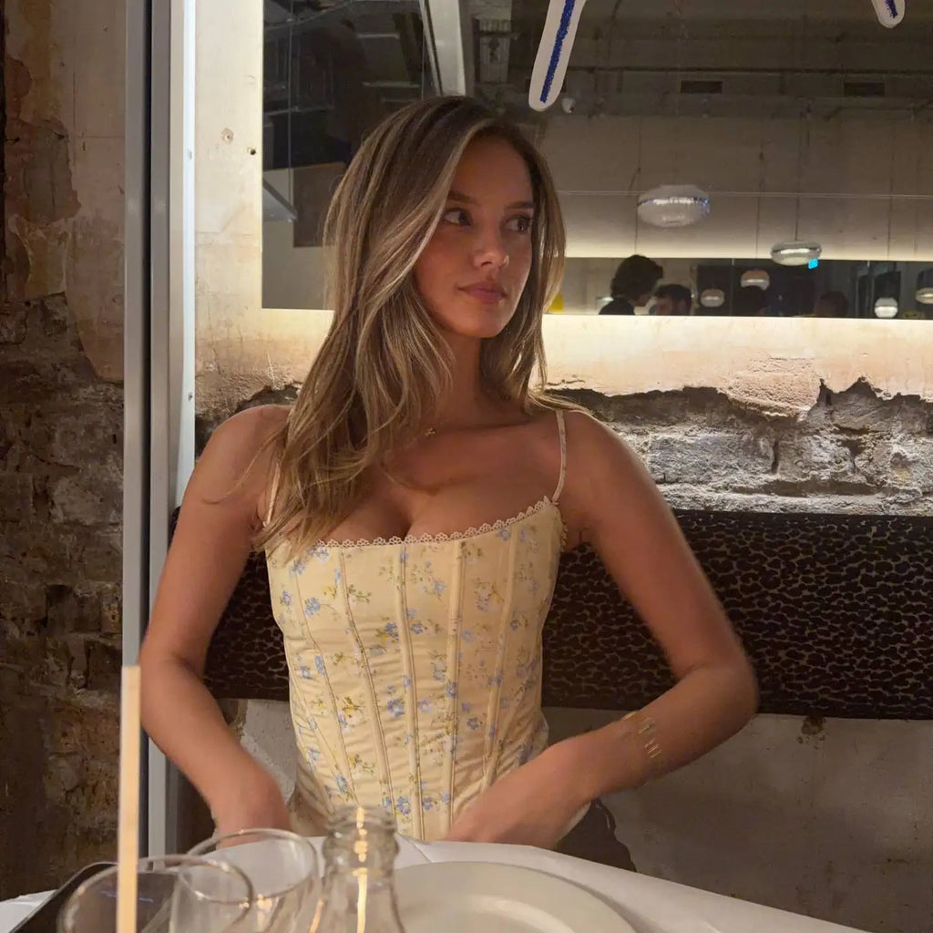 Sunny Floral Corset Top With Spaghetti Straps And Backless Lace Up Details