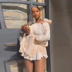 Satin Off Shoulder Pleated Mini Dress With Puff Sleeves And Cinched Waist