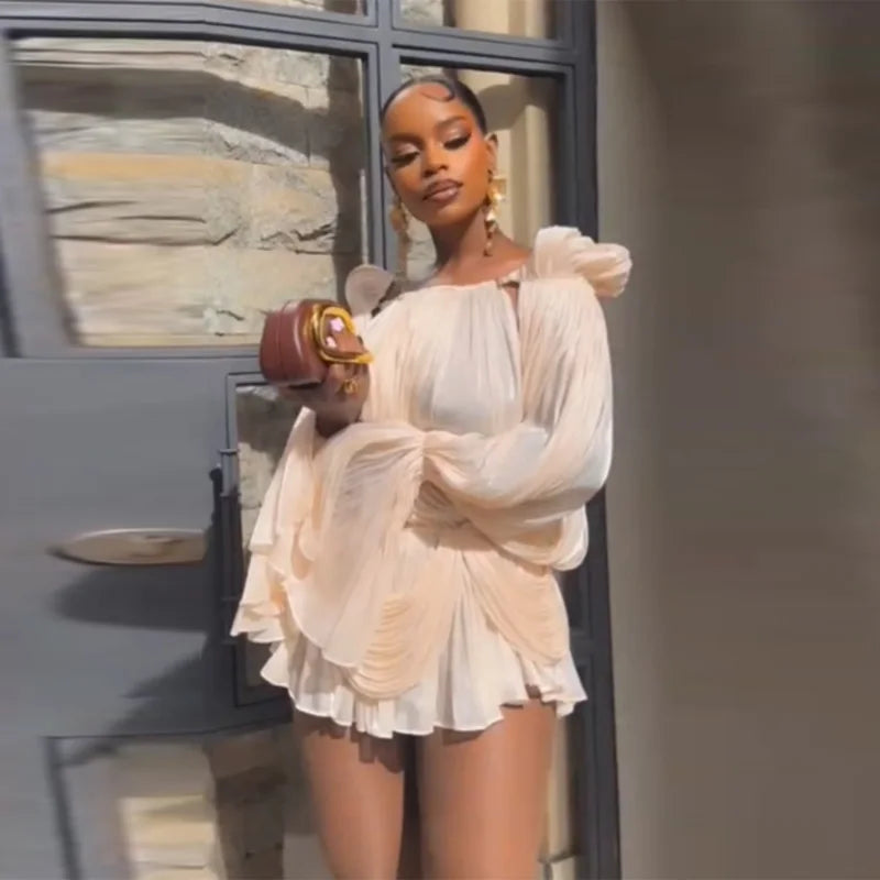 Satin Off Shoulder Pleated Mini Dress With Puff Sleeves And Cinched Waist