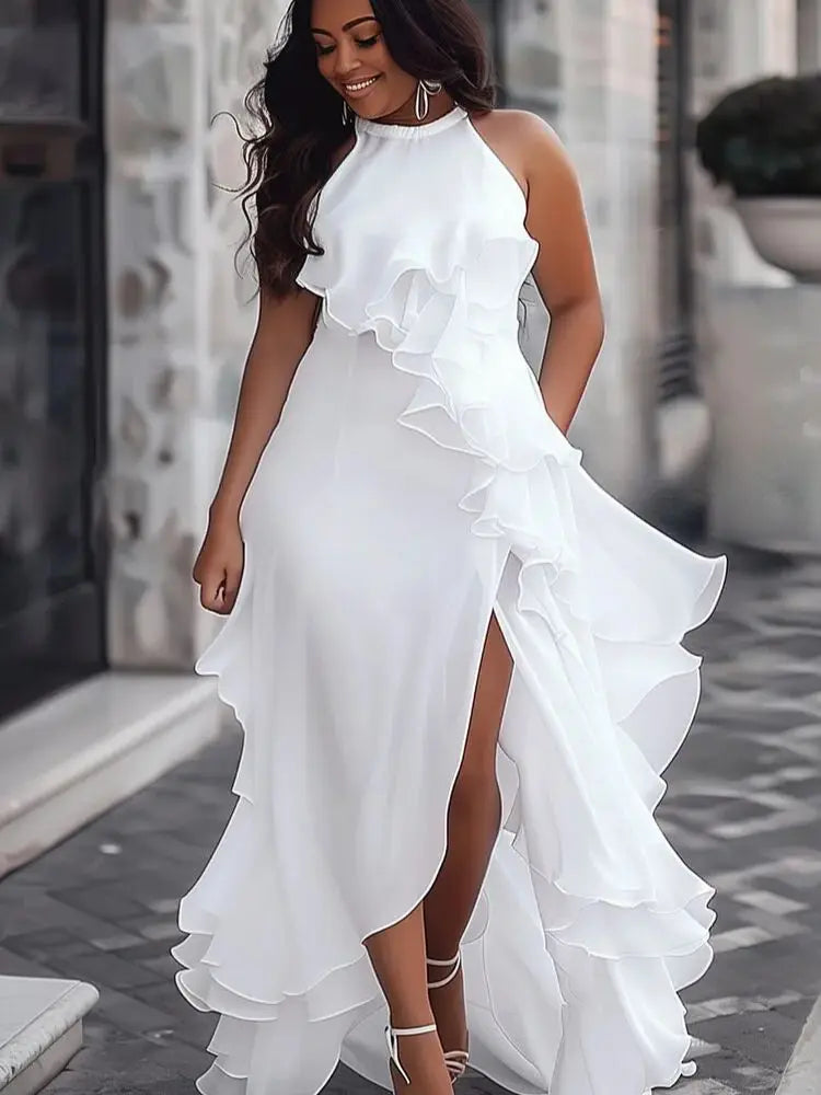 Plus Size White Halter Maxi Dress With Ruffle Trim And Split Thigh
