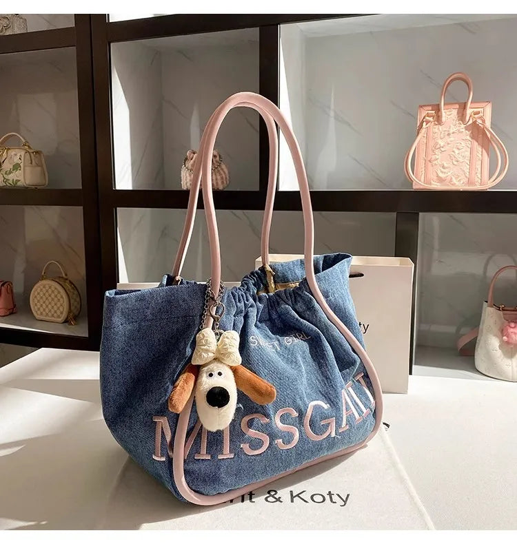 Cute Denim Embroidered Hobo Bag With Textured Finish