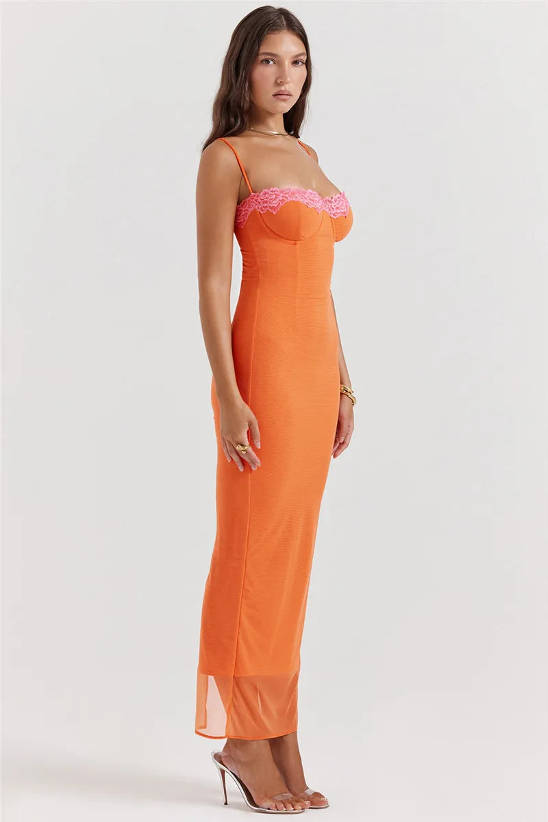 Lace Spaghetti Strap Bodycon Maxi Dress With Patchwork Backless