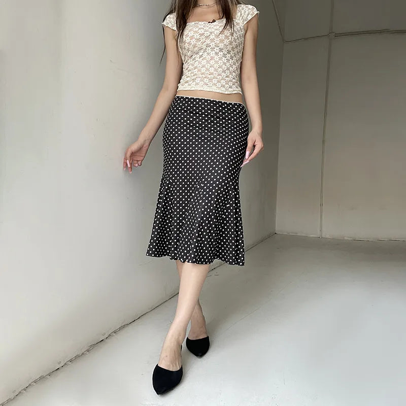 Black Polka Dot Print Midi Skirt With Low Waist Lightweight Knit