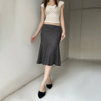 Black Polka Dot Print Midi Skirt With Low Waist Lightweight Knit