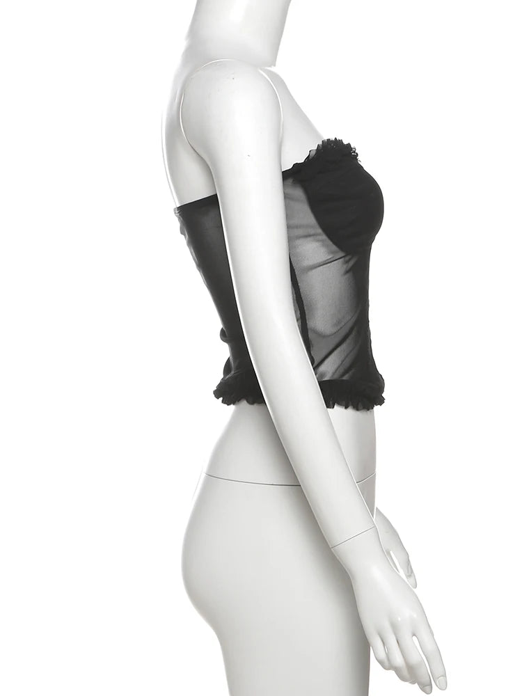 See Through Patchwork Strapless Top With Fishbone Detail Backless Fashion