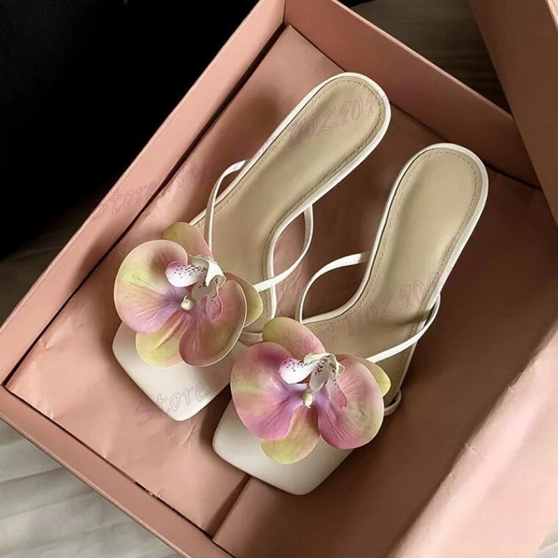 Elegant Floral Leather Slippers With Matte Square-Toe