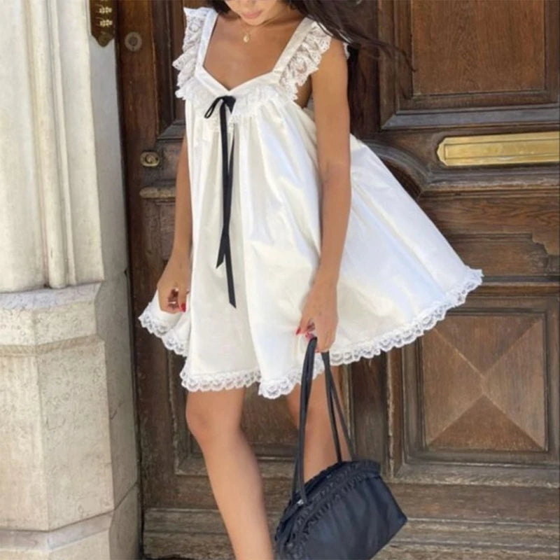 Fairycore Ribbon Bow Babydoll Mini Dress With Square Collar Lace Trim And Flowy