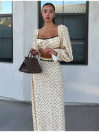 Polka Dot Square Collar Crop Top And High Waist Maxi Skirt Set Outfit