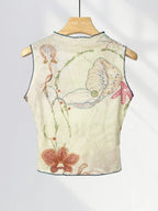 Chic Double Layer Mesh Tee With Elegant Print And High Collar Short Sleeve Women Net Shirt