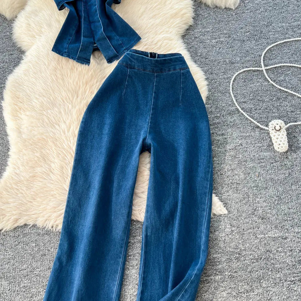 Denim Inspired Two Piece Set Strapless Top And High Waist Wide Leg Pants With Zipper
