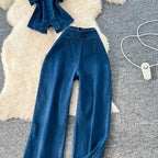 Denim Inspired Two Piece Set Strapless Top And High Waist Wide Leg Pants With Zipper