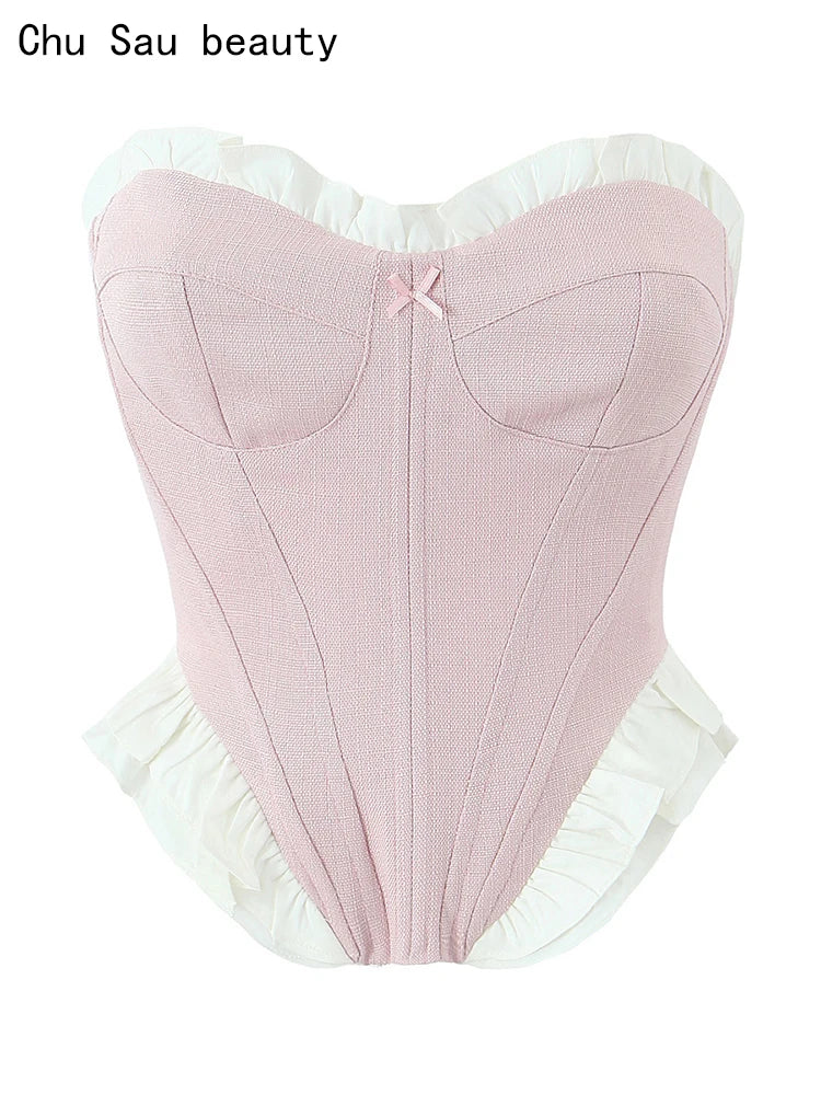 Fashion Bow Chic Fish Bone Tube Sexy Slim Backless Corset Y2K Strapless Cropped Top