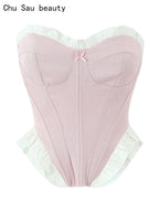 Fashion Bow Chic Fish Bone Tube Sexy Slim Backless Corset Y2K Strapless Cropped Top