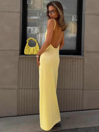 Elegant Deep V Knit Maxi Dress With Backless Suspender Detail