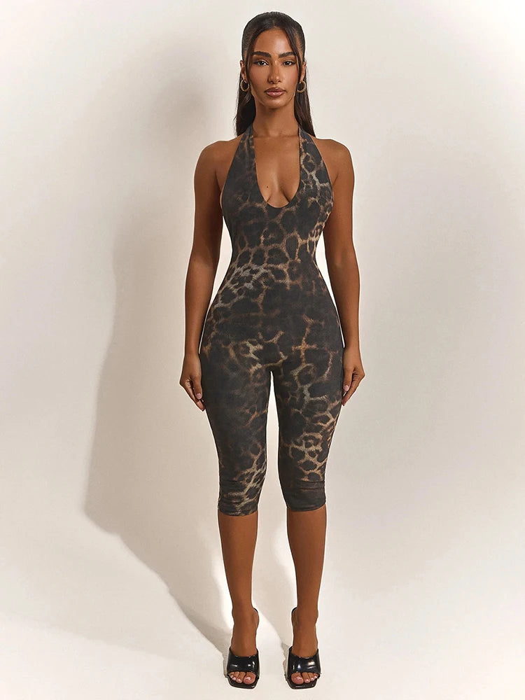 Leopard Print Halter Playsuit With Backless Design Bold Street Style Romper