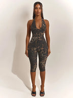 Leopard Print Halter Playsuit With Backless Design Bold Street Style Romper