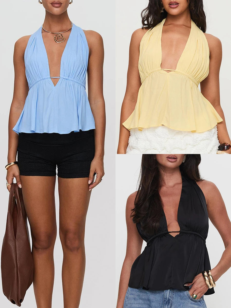 Halter Neck Crop Top With Tie Back Sleeveless Backless Camisole