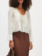 White Lace-up Women Blouse Cotton Bohemian Lace Splice Hollow out U Neck Lightweight Shirt