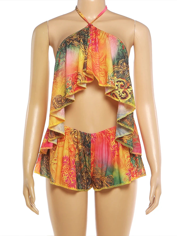Vivid Beach Two Piece Set With Backless Halter Camisole And Shorts