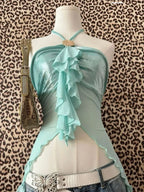 Aesthetic Mesh Halter Neck Crop Top Vintage Inspired Shell Sleeveless Camisole