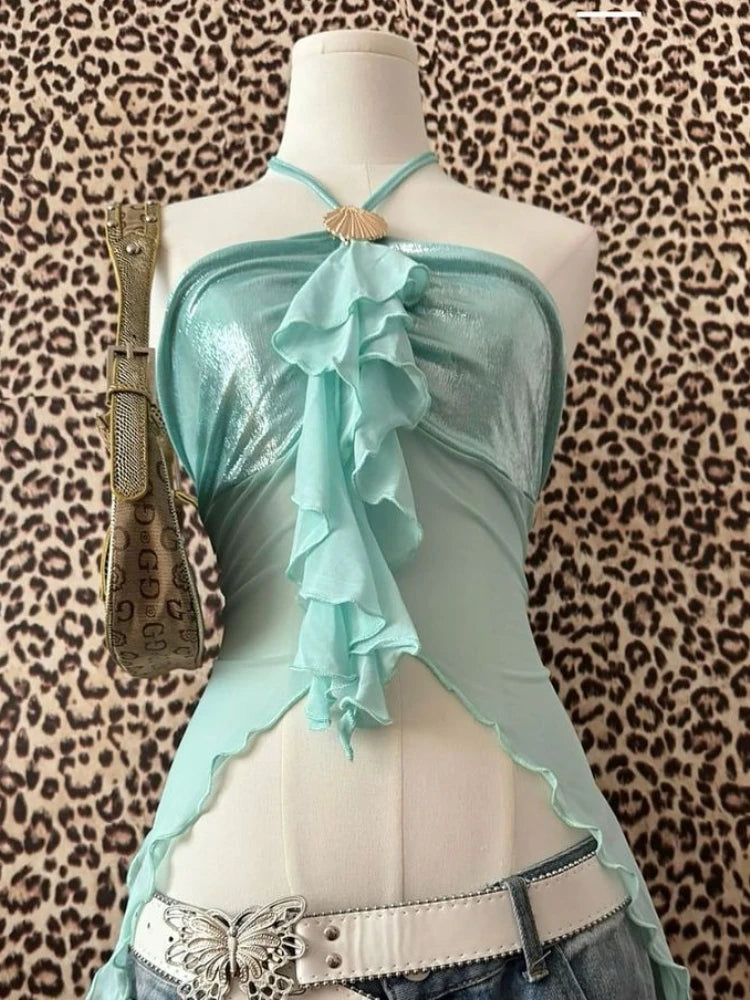 Aesthetic Mesh Halter Neck Crop Top Vintage Inspired Shell Sleeveless Camisole