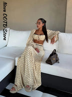 Polka Dot Two-piece Set Square Neck Puff Sleeve Cropped Top With Lace Trim Maxi Skirt