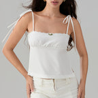 Sweet Open Back Camisole With Shirred Tie Up Spaghetti Straps Lace Trim And Square Neck