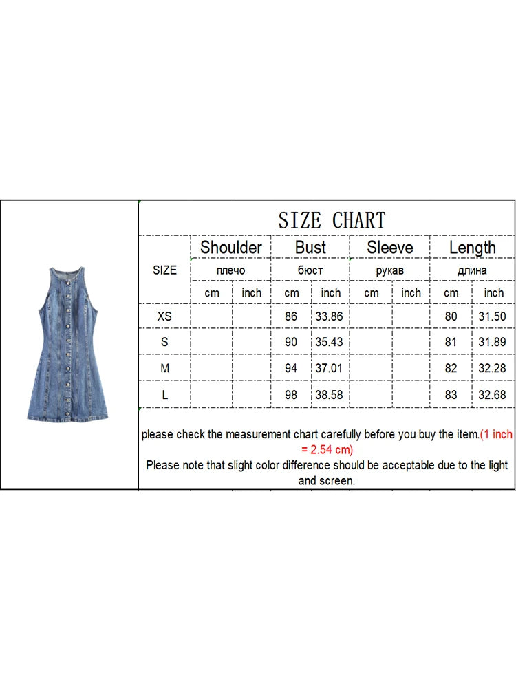 Casual Denim Mini Dress For Women Sleeveless Round Collar Single Breasted Slim Fit