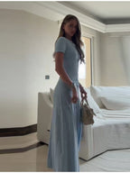 Baby Blue Knit Midi Dress With Button Front Short Sleeves Ruffles Slim Fit