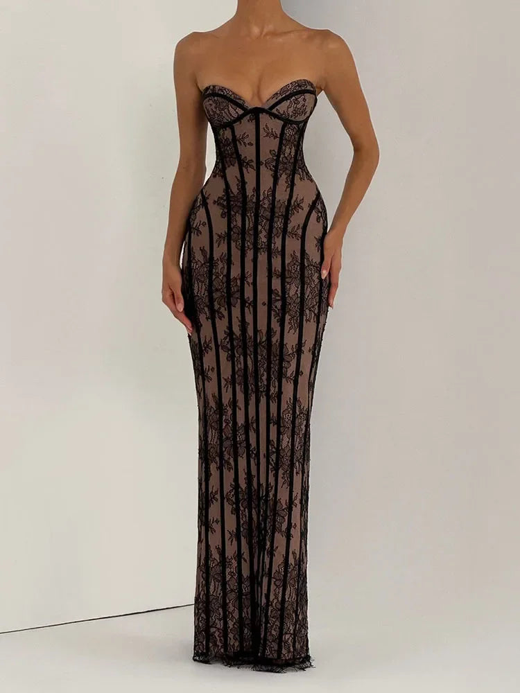Elegant Backless Strapless Tulle Maxi Dress With Patchwork Print Off Shoulder Evening Gown