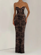Elegant Backless Strapless Tulle Maxi Dress With Patchwork Print Off Shoulder Evening Gown