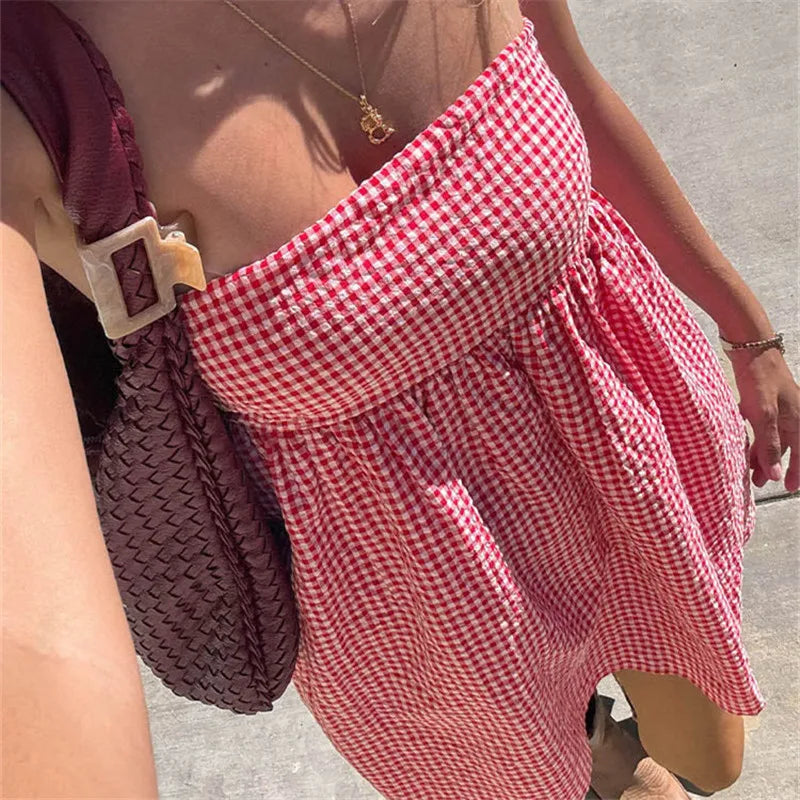 Gingham Plaid Cami Dress With Lace Trim Square Neck Open Back Party Mini Edition