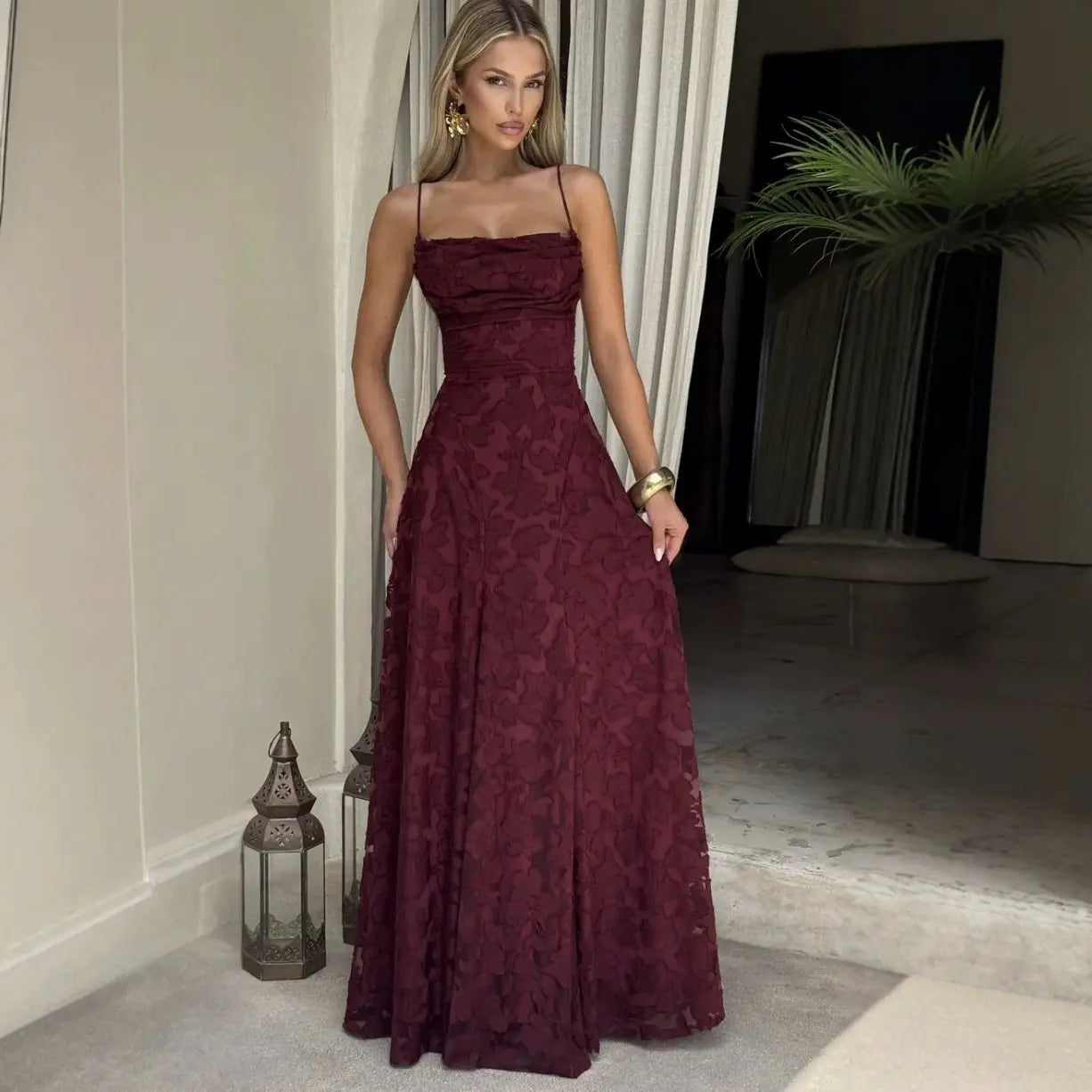 Romantic Floral Jacquard Maxi Dress With Spaghetti Straps Ruched