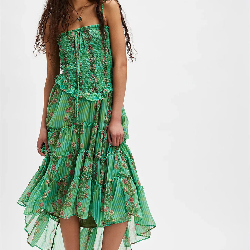 Women Floral Cami Dress Smocked Square Neck Spaghetti Strap Backless Tiered Ruffled High Low Midi Dress
