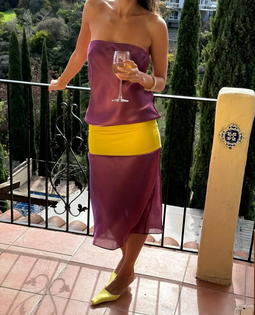 Patchwork Strapless Two Piece Set For Casual Chic Off Shoulder Sleeveless Top And Skirt