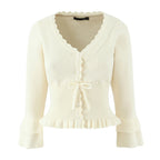 Hollow Crochet Knit Cropped Sweater in Beige and Red Long Sleeve Knit Top for Women