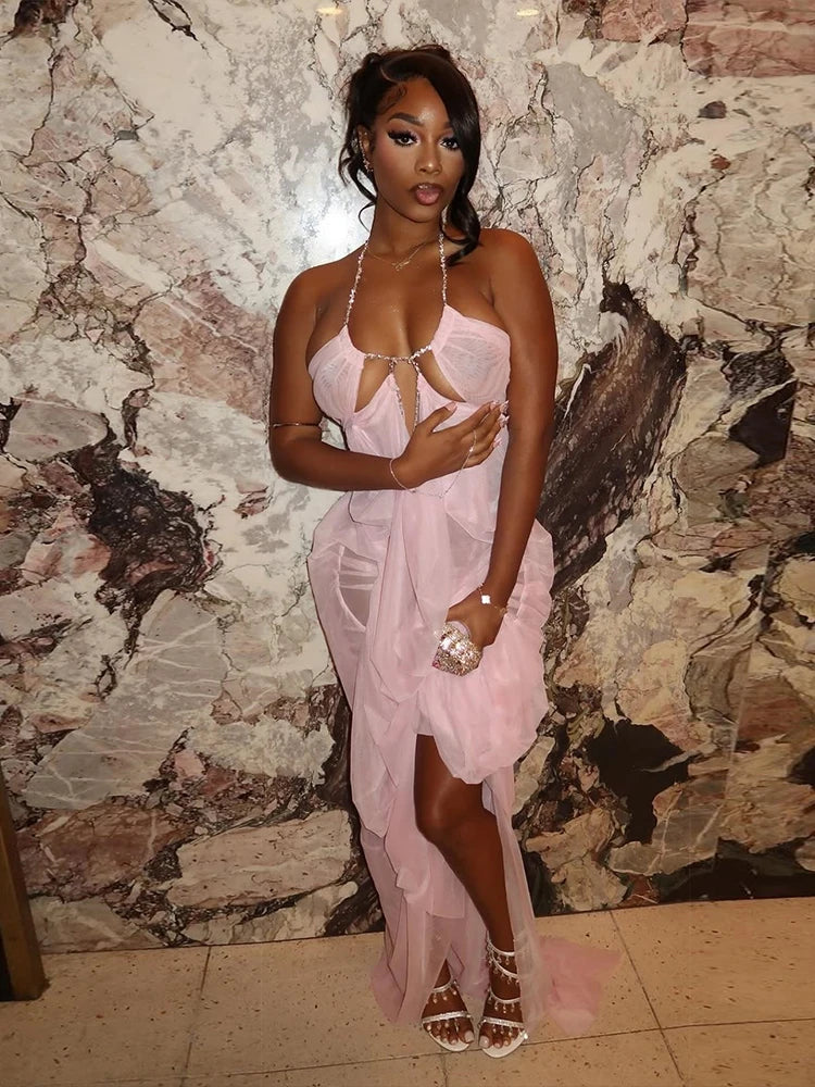 Backless Mesh Beach Dress With Halter Chain Deep V Ruched